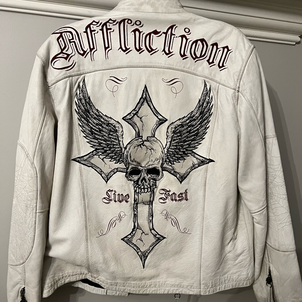 Vintage Affliction Live Fast White Leather Jacket Mens Large Limited Edition